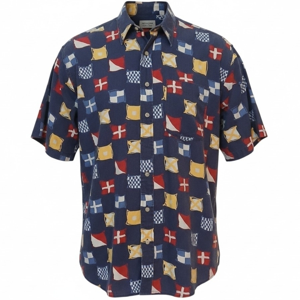 Nautica - Navy Blue, Short Sleeves, Pocket, Button Down Shirt, XLT, 100% Cotton,